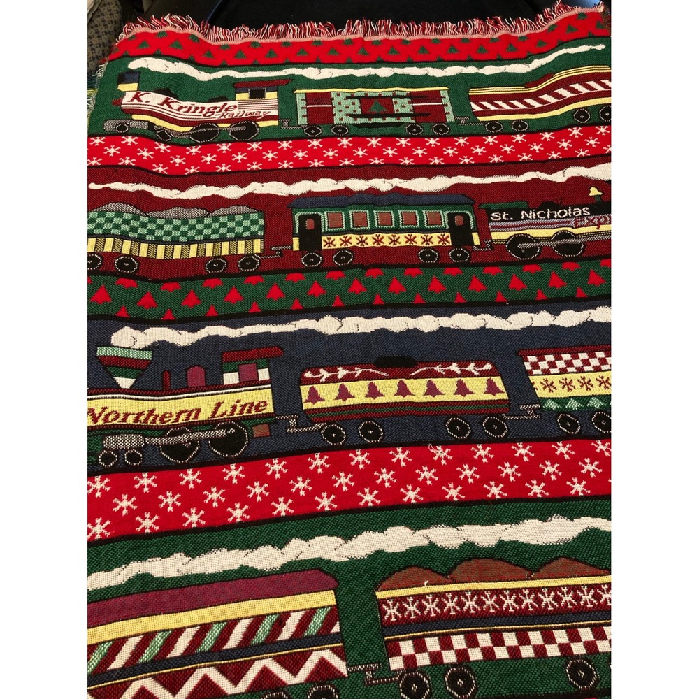 Christmas Holiday Woven Throw Blanket Santa Trains Kringle Railway Decor